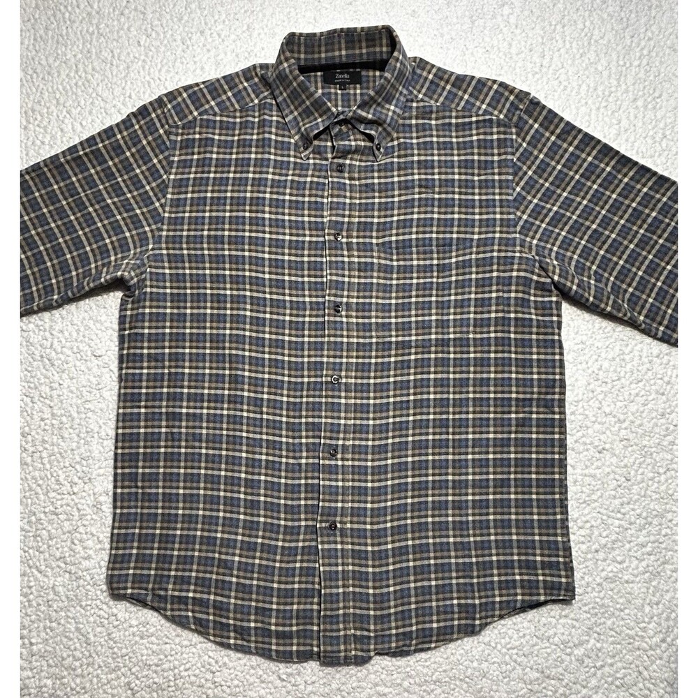 Zanella Shirt Mens L Brown Blue Plaid Button Down Cotton Made Italy